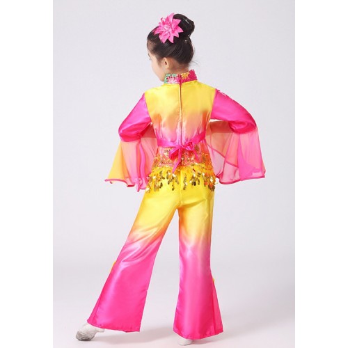 Girls Chinese folk dance costumes rainbow yangko yange fan umbrella fairy dance costumes dresses